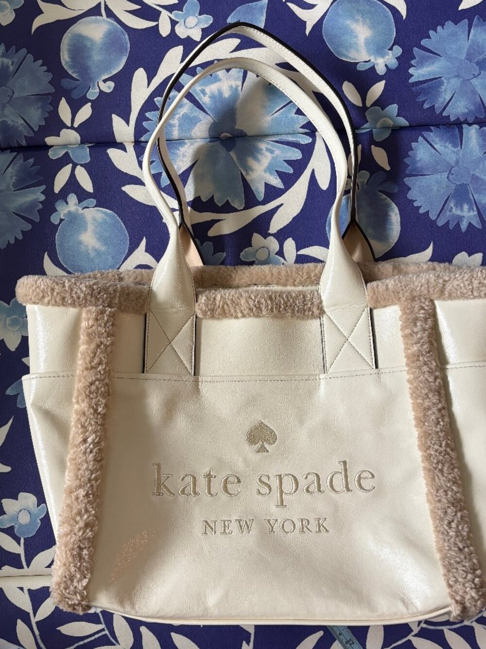 Kate Spade Meringue White Jett Large Tote w/ Faux Shearling Trim